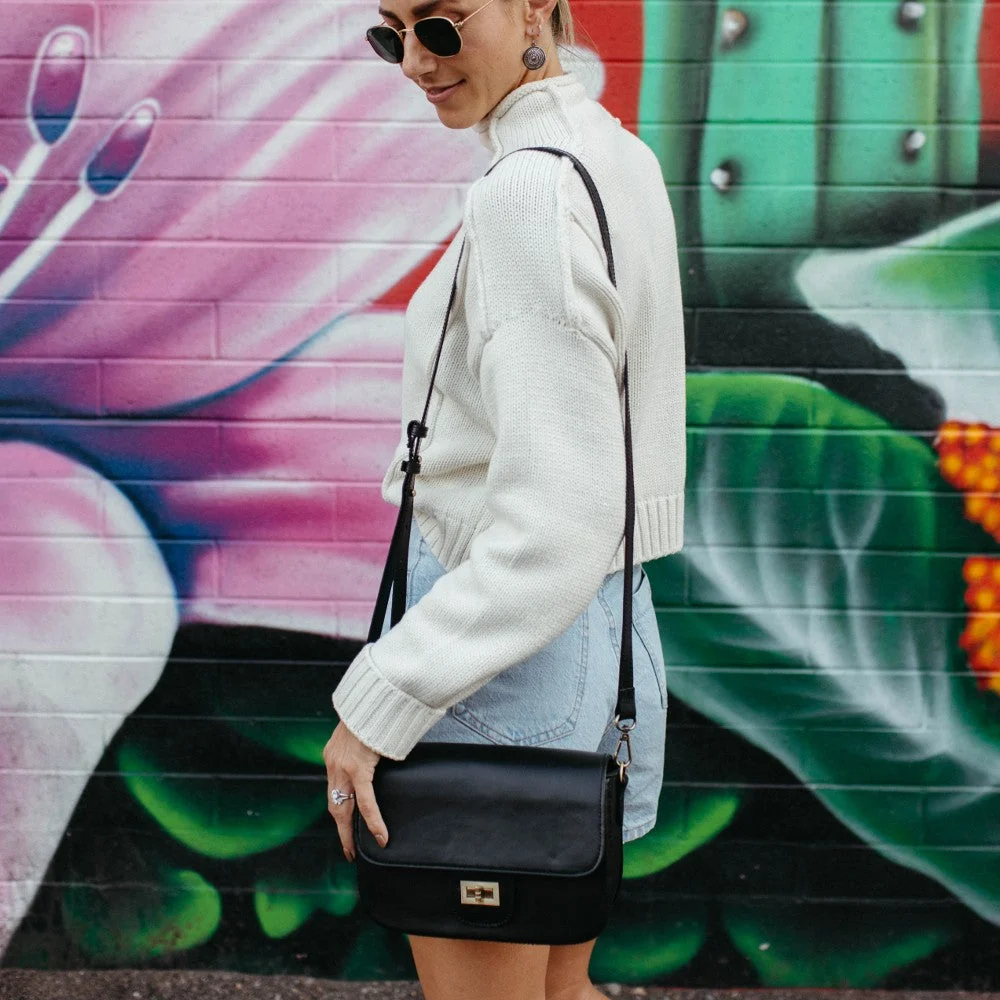 Cream Cable-Knit Sweater and Denim with Black Leather Shoulder Bag Cream Cable-Knit Sweater and Denim with Black Leather Shoulder Bag — Shoulder Bags