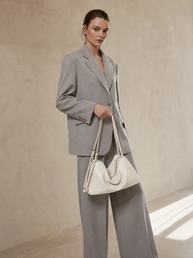 Monochromatic Grey Suit with Cream Leather Shoulder Bag Monochromatic Grey Suit with Cream Leather Shoulder Bag — Shoulder Bags