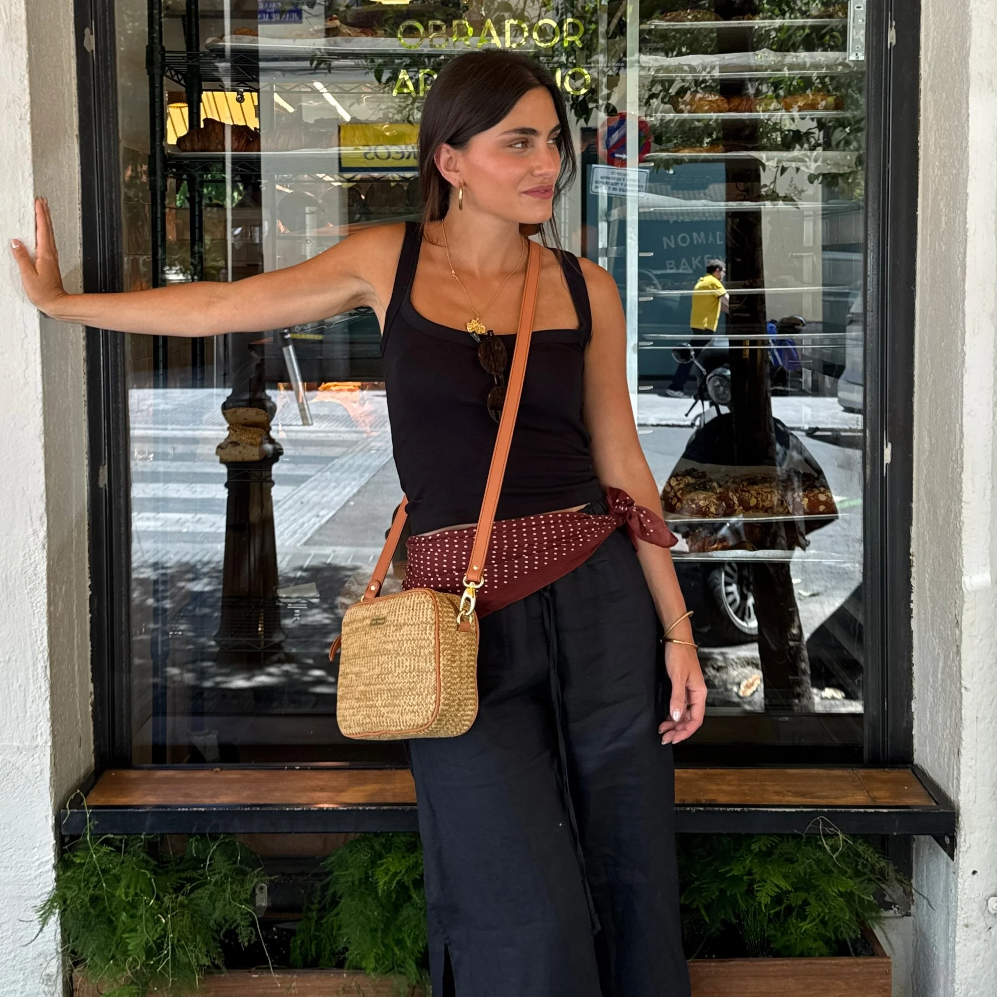 Straw Crossbody Bag with Linen Pants and Polka Dot Bandana — Mini Bags