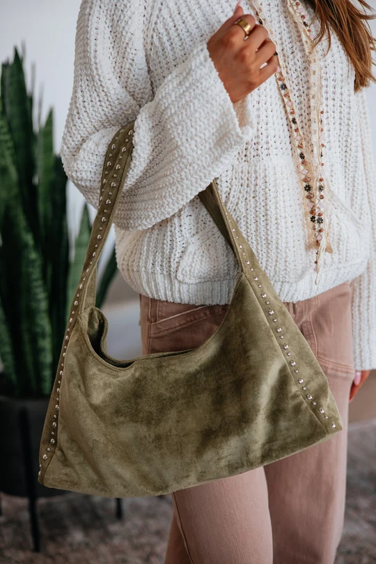 Olive Green Suede Hobo Bag with Stud Details — Designer Bags