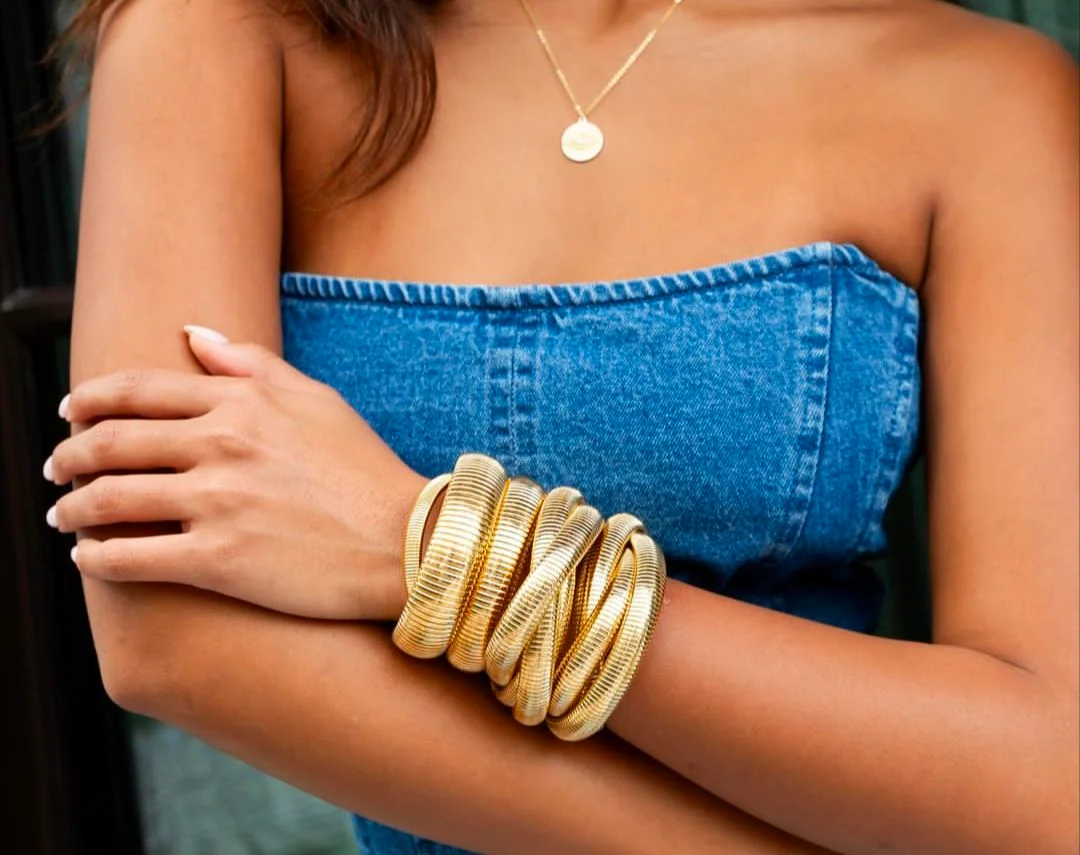Stacked Chunky Gold Bracelets with Denim Top Stacked Chunky Gold Bracelets with Denim Top — Chunky Jewelry