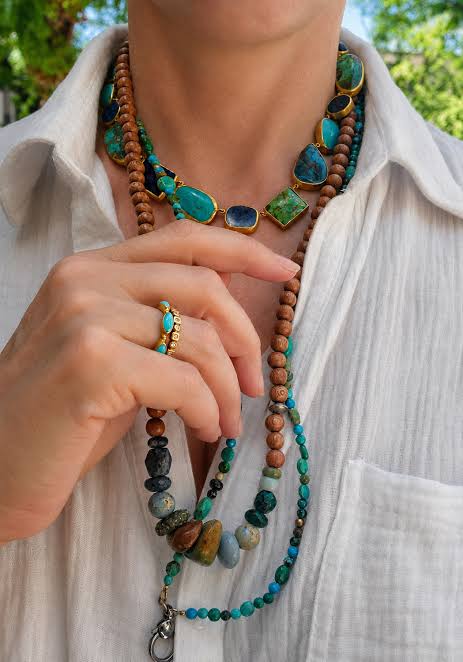 Multi-Strand Wood and Stone Necklaces with Turquoise Ring Multi-Strand Wood and Stone Necklaces with Turquoise Ring — Chunky Jewelry
