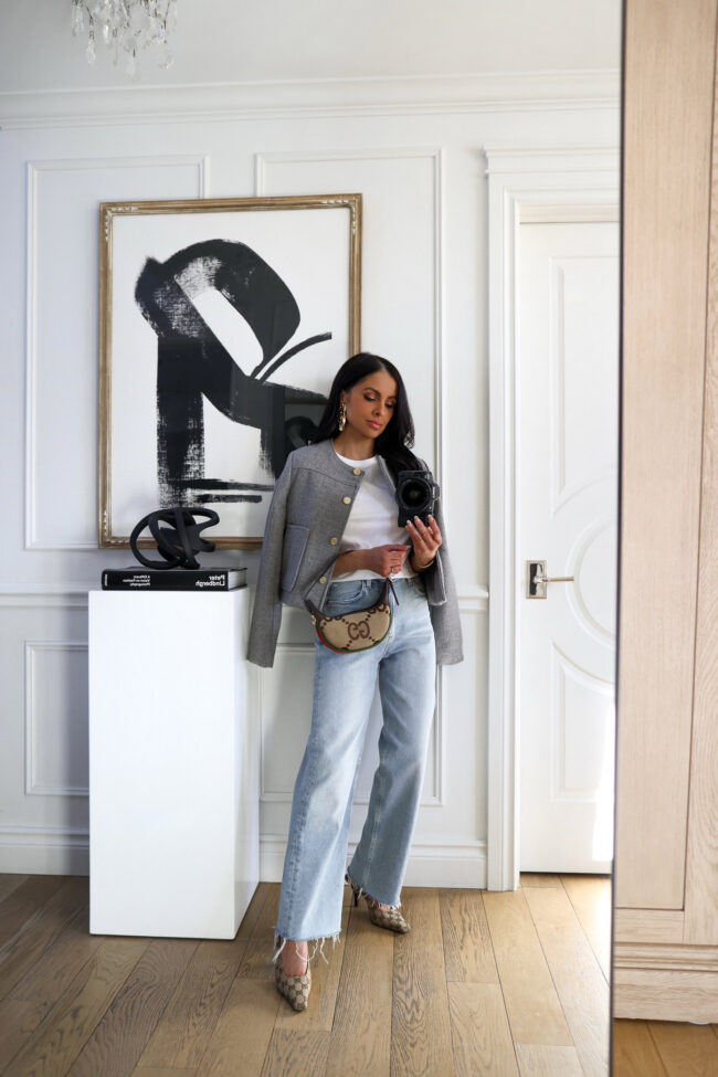 Tweed Jacket over a Tee with Wide-Leg Jeans and Mules Tweed Jacket over a Tee with Wide-Leg Jeans and Mules — Zara Outfits