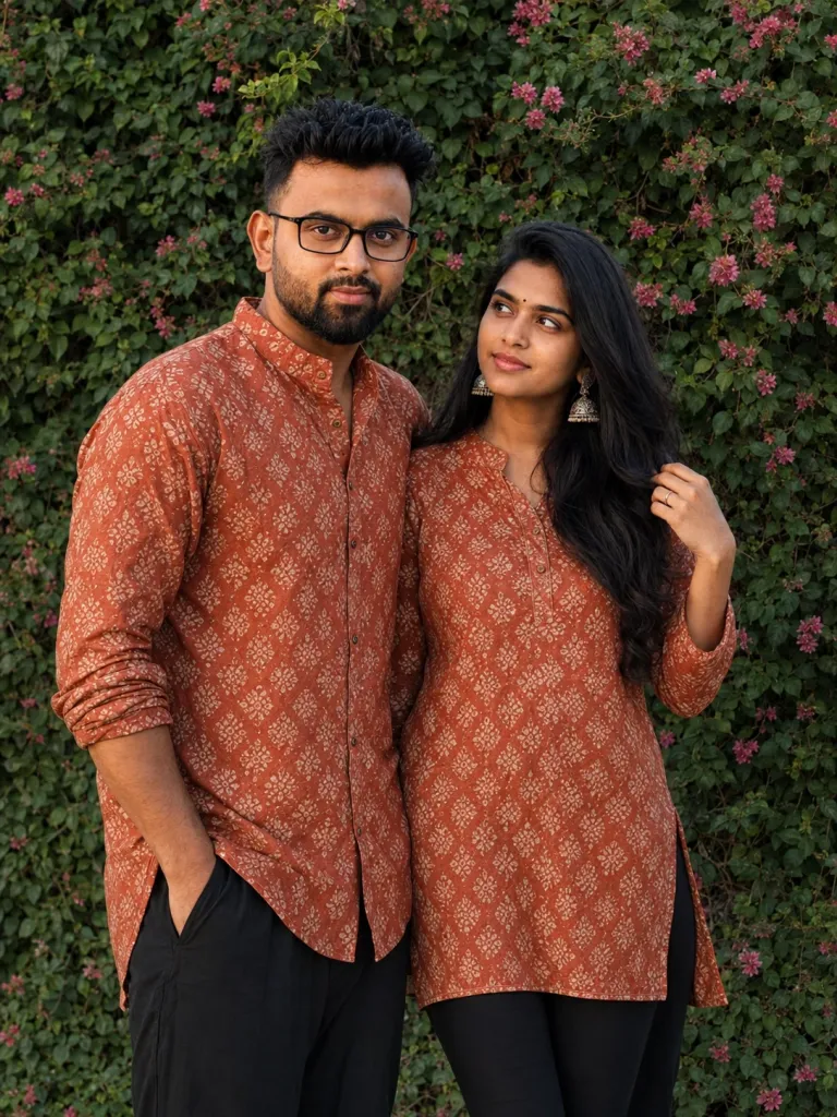 Everyday Style in Rust Orange Geometric Prints — Matching Couple Outfits