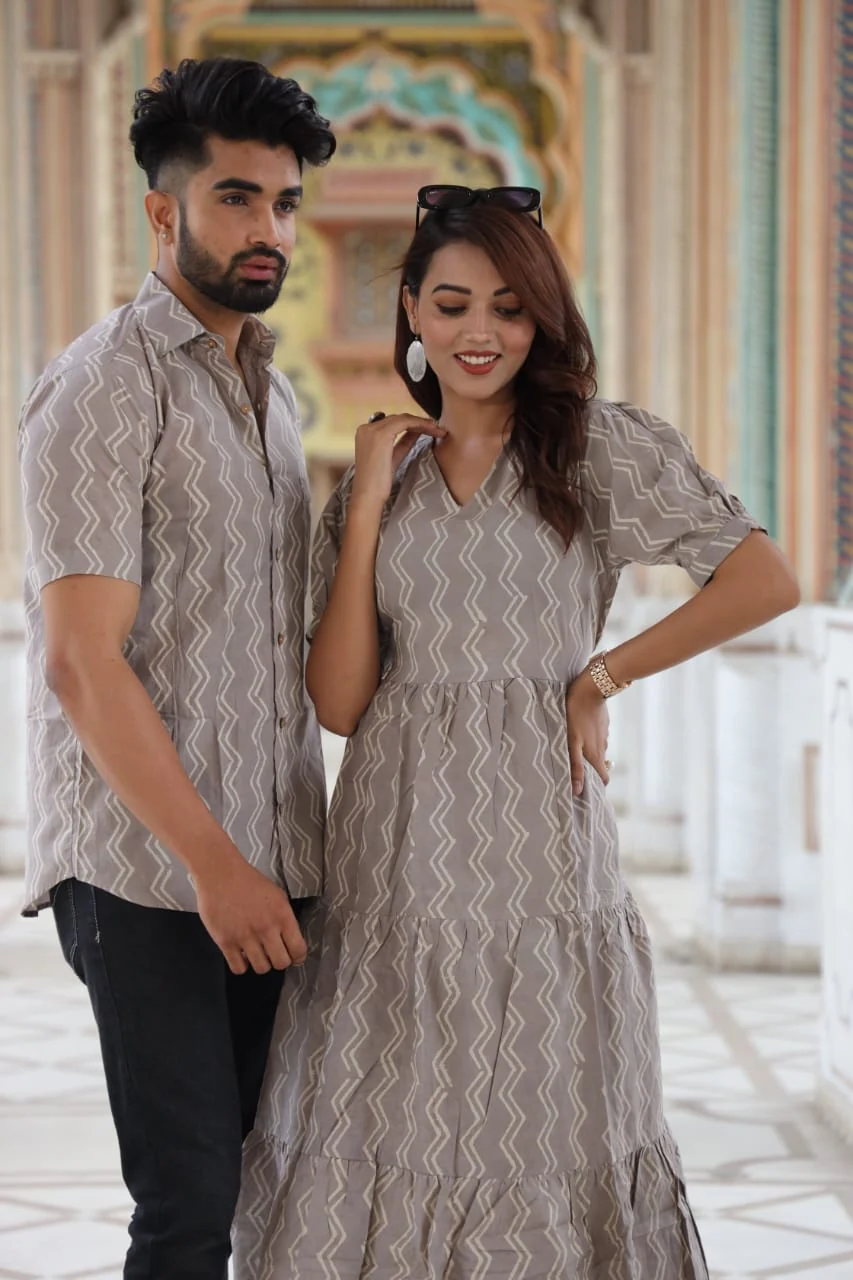Subtle Cohesion in Matching Grey Geometric Sets — Matching Couple Outfits
