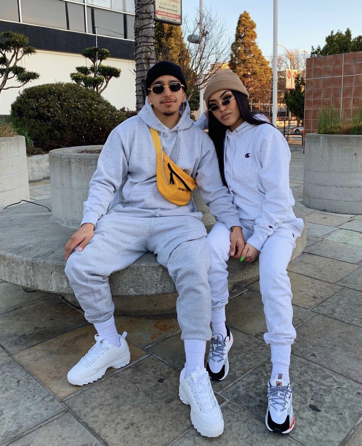 Streetwear Style with Matching Grey Fleece Sets — Matching Couple Outfits