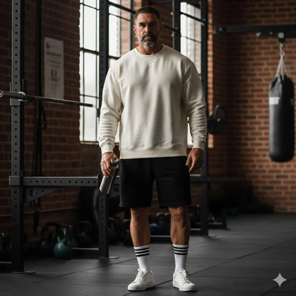 Clean Aesthetic: Cream Sweatshirt, Black Shorts, and Striped Socks — Mens Gym Outfits