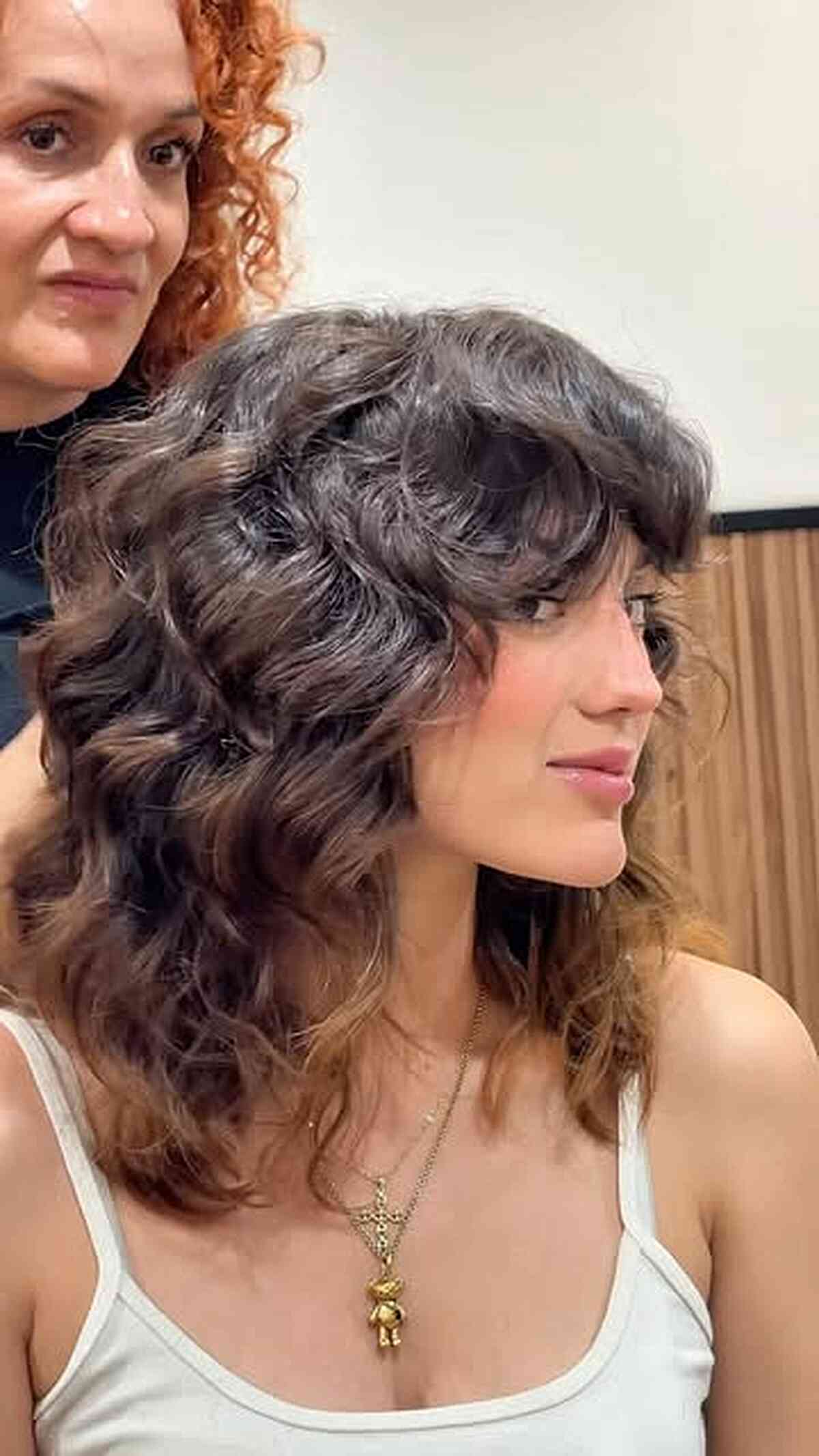 Cream Tank Top with Delicate Necklace and Curly Bangs Cream Tank Top with Delicate Necklace and Curly Bangs