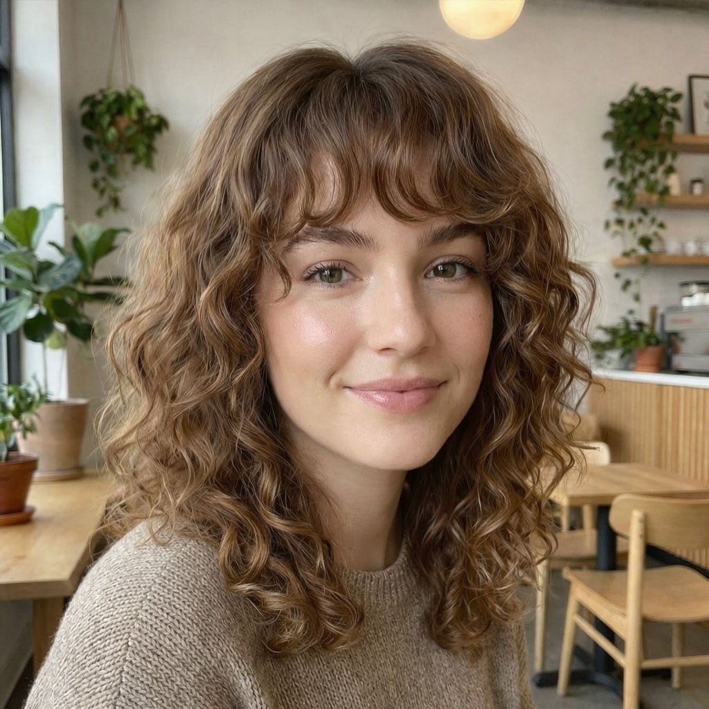 Casual Beige Knit Sweater with Soft Curls Casual Beige Knit Sweater with Soft Curls — Curly Bangs