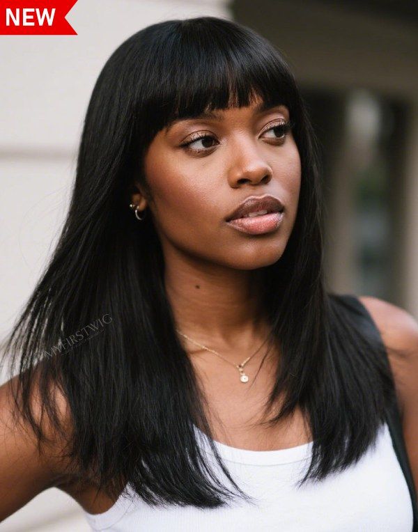 Simple Tank and Straight Hair: Casual Elegance with Blunt Bangs