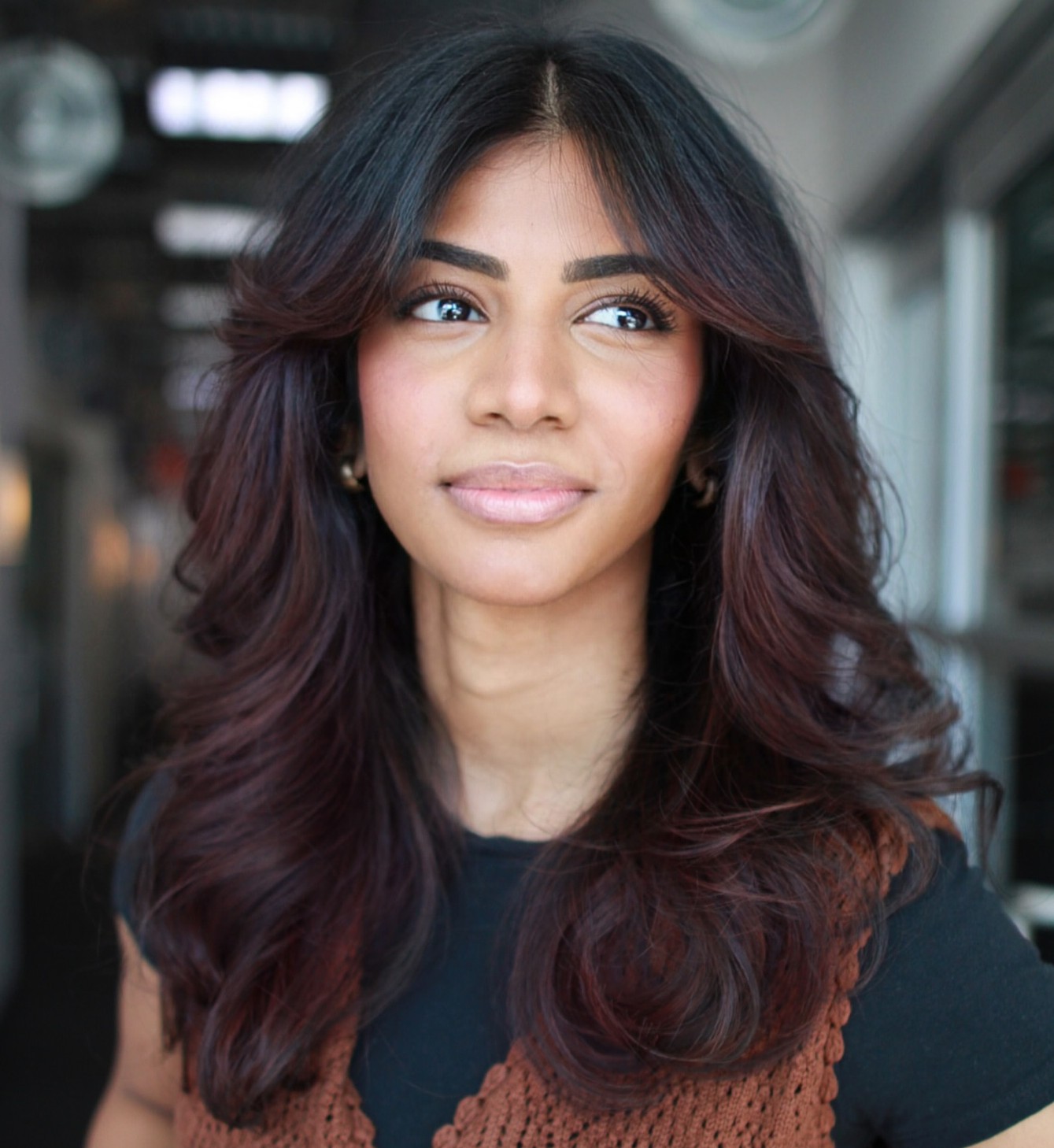 Dark Brown Blowout With Soft Waves Dark Brown Blowout With Soft Waves — Hairstyles with Bangs