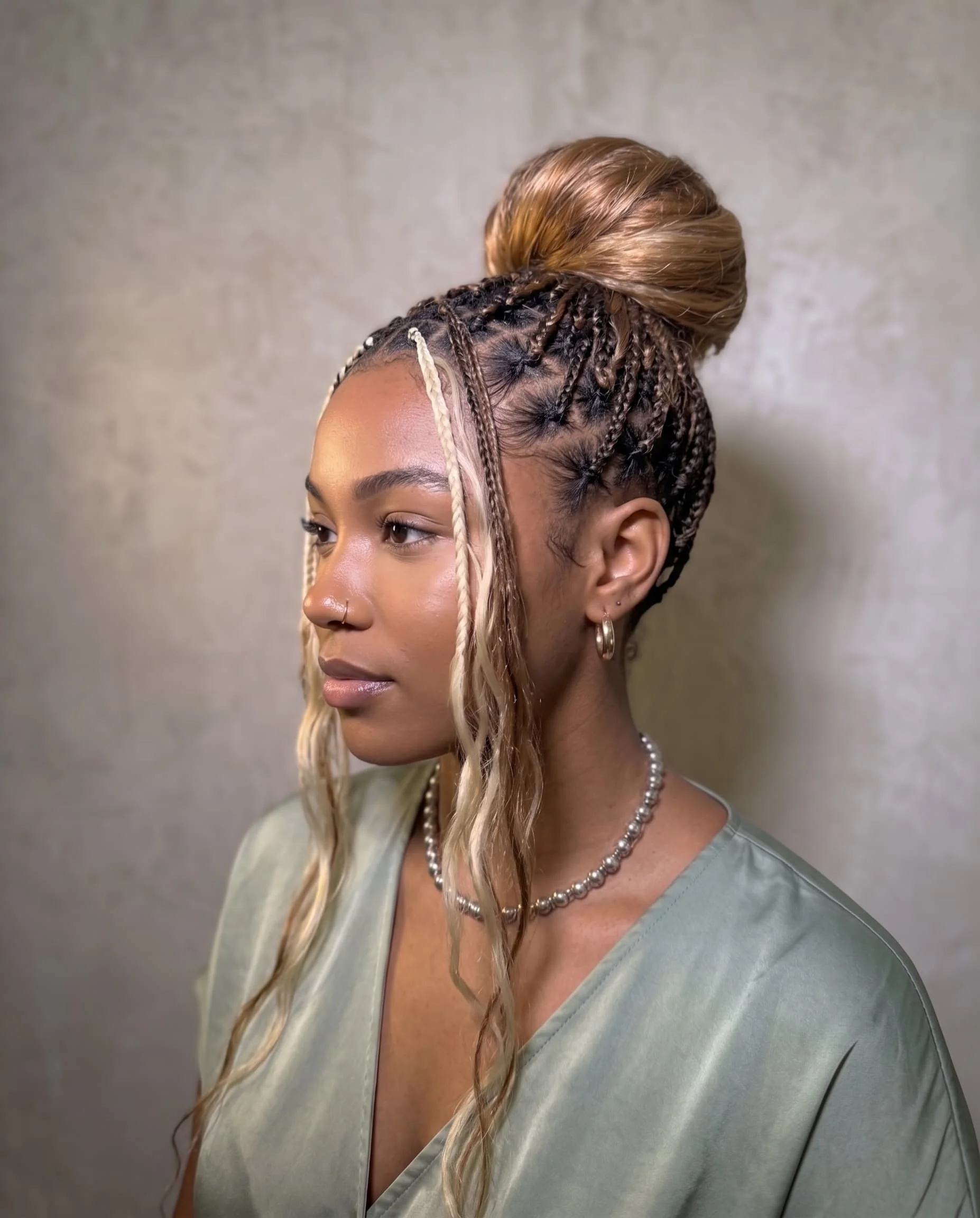 Mid-Back Braids High Bun With Blonde Highlights — Crochet Braids