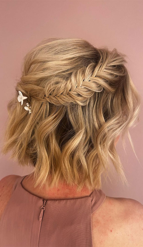 Short Blonde Fishtail Braid Waves Short Blonde Fishtail Braid Waves — Updos for Short Hair