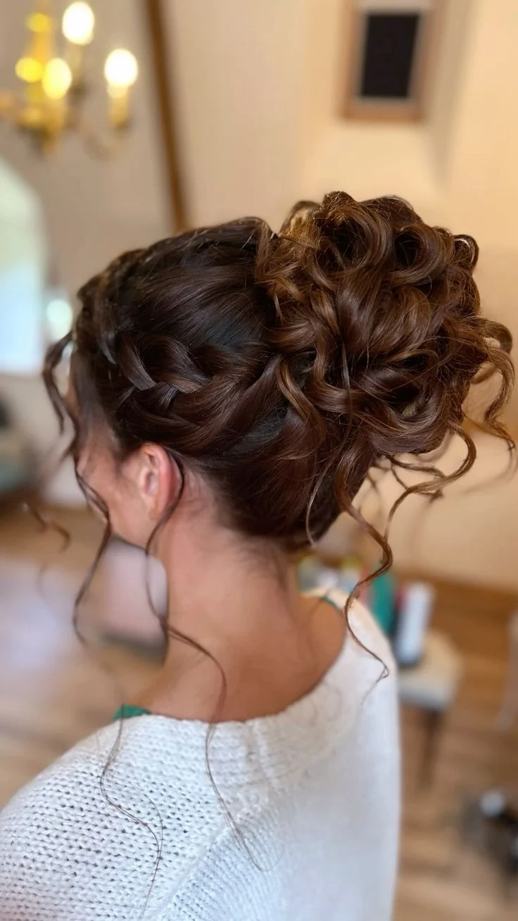 Voluminous Curly Chignon With Face-Framing Tendrils Voluminous Curly Chignon With Face-Framing Tendrils