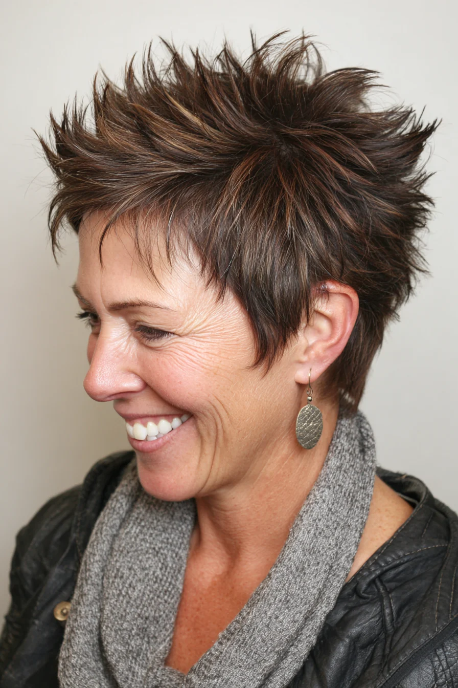 Ear Brown Pixie With Blonde Auburn Highlights — Spiky Hair