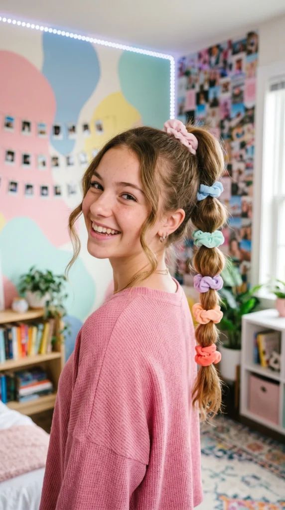 Bubble Ponytail with Colorful Scrunchies — Hairstyles for Teens