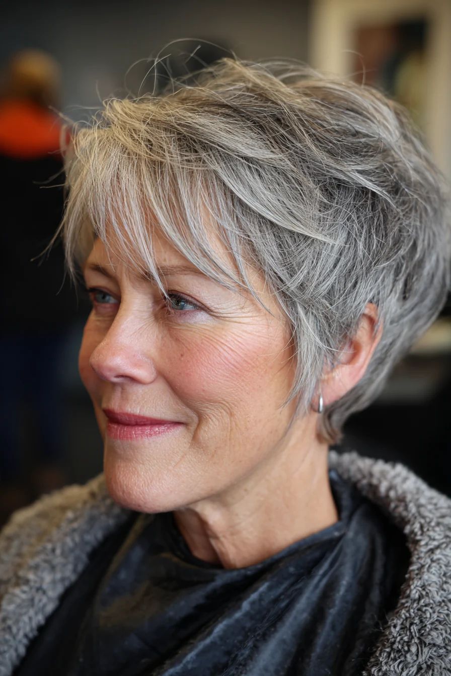 Choppy Grey Pixie with Wispy Bangs Choppy Grey Pixie with Wispy Bangs — Haircuts for Women Over 60