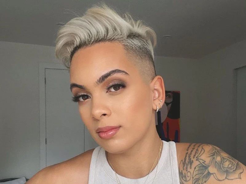 Dramatic Undercut Platinum Pixie Dramatic Undercut Platinum Pixie — Long Pixie