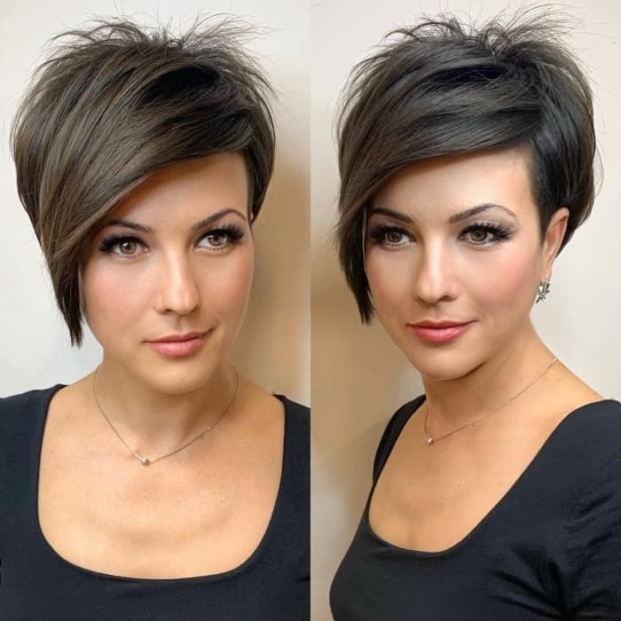 Textured Dark Brown Pixie With Dramatic Bangs Textured Dark Brown Pixie With Dramatic Bangs — Long Pixie