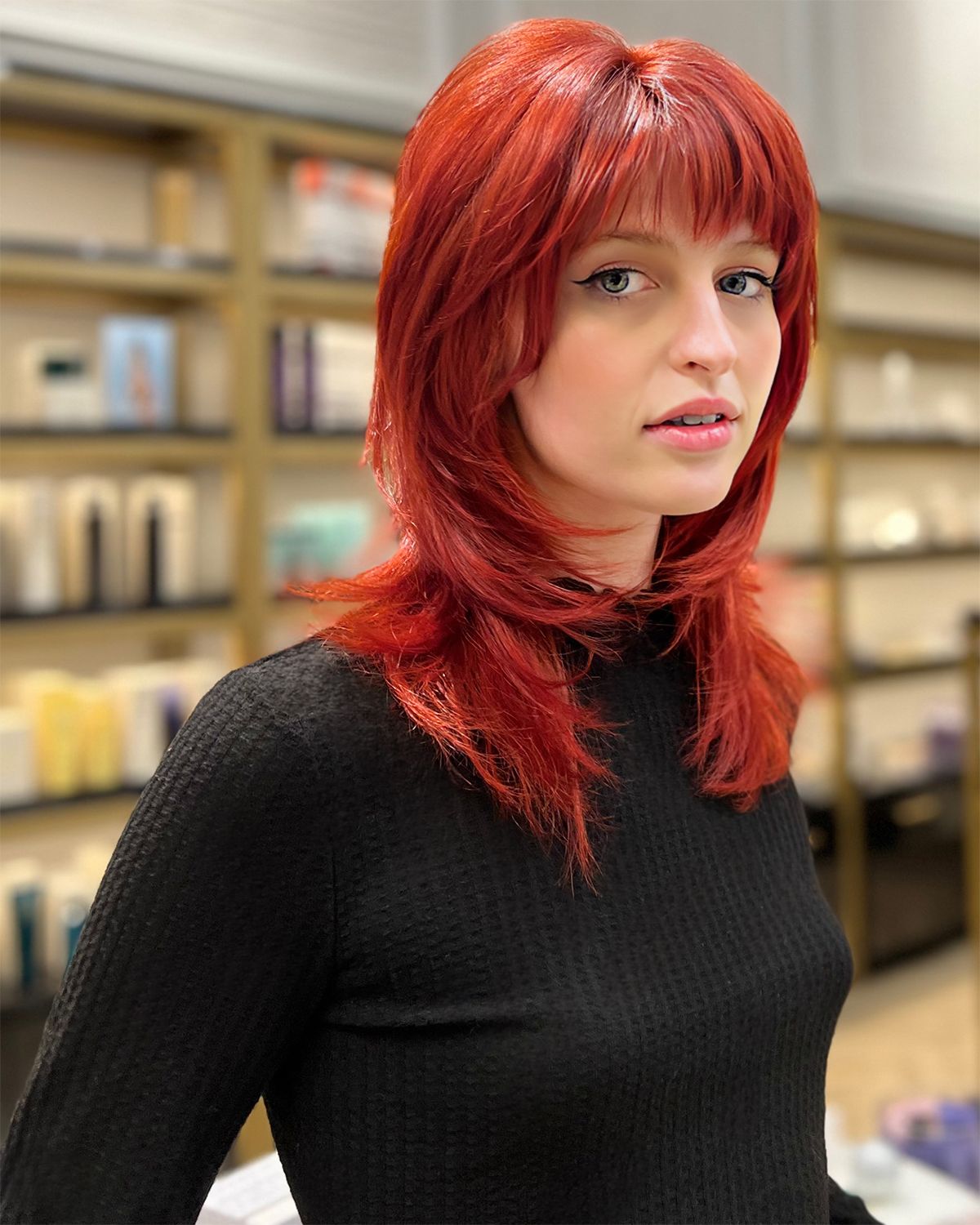Vibrant Red Shag Collarbone Layers — Short Wolf Cut