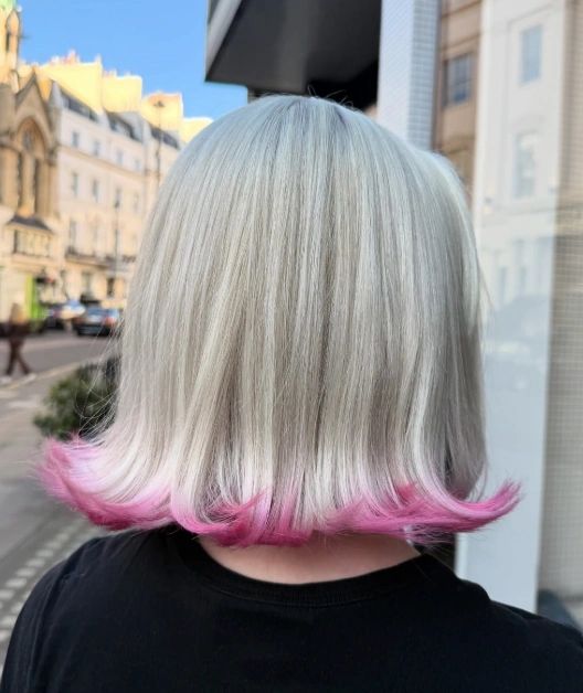 Platinum Bob With Vibrant Pink Tips Platinum Bob With Vibrant Pink Tips — Fun Hair Colors