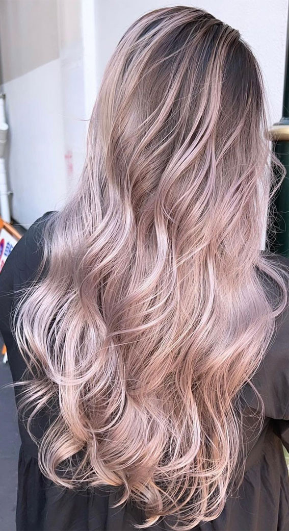 Mid-Back Rose Gold Balayage Blowout — Pastel Hair
