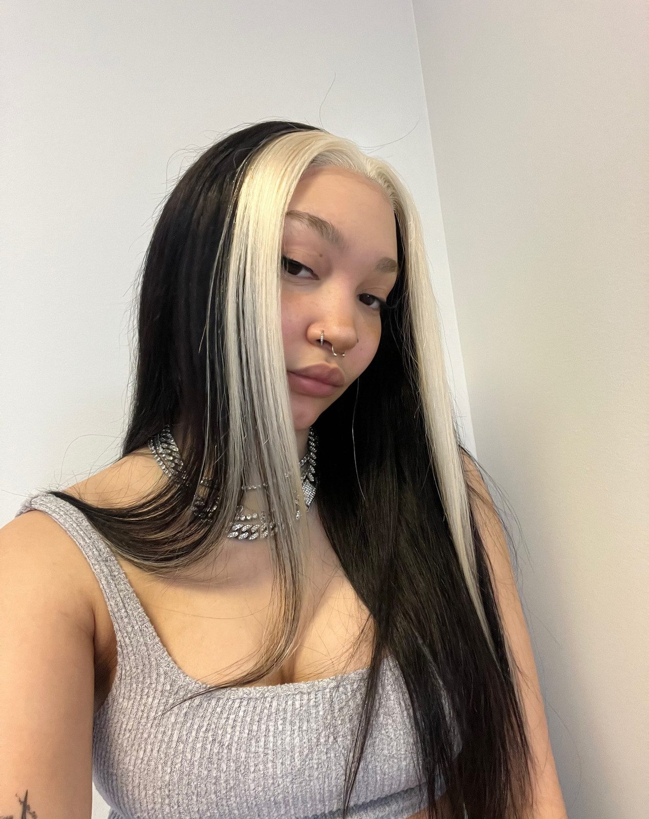 Mid-Back Straight With Face-Framing Mid-Back Straight With Face-Framing — Skunk Stripe Hair