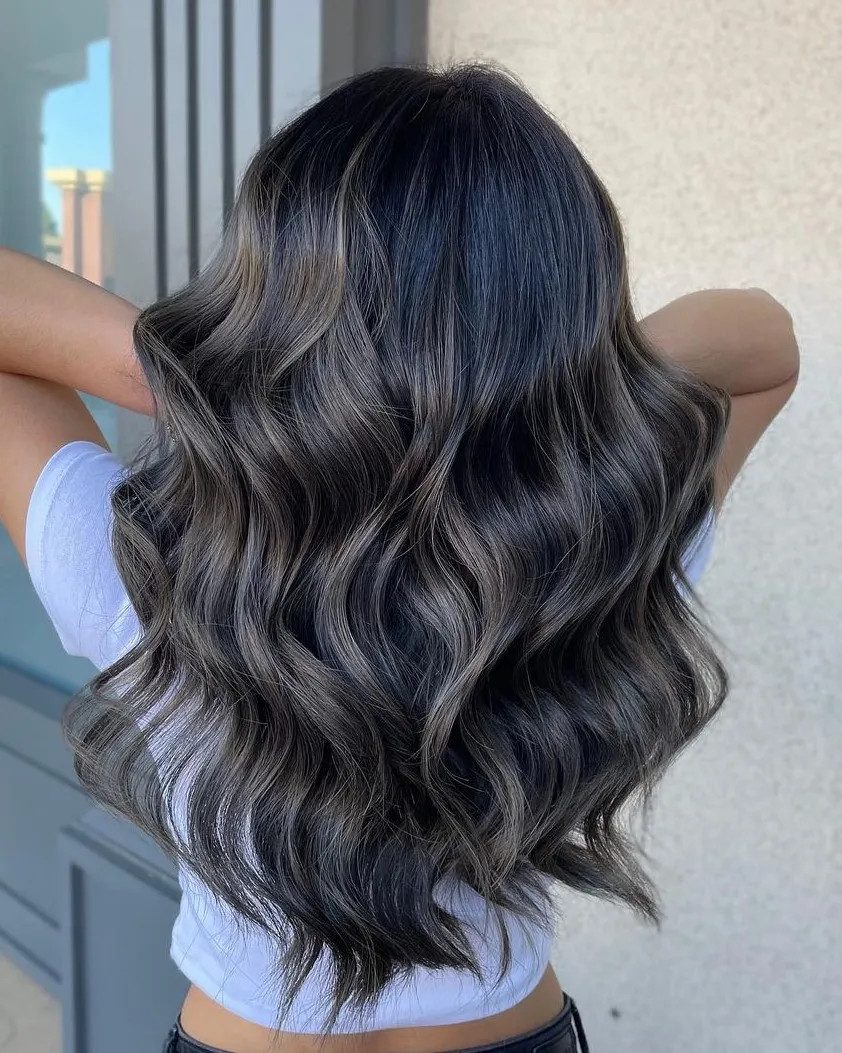 Mid-Back Ash Blowout Waves — A Back View Of Thick — Highlights on Black Hair