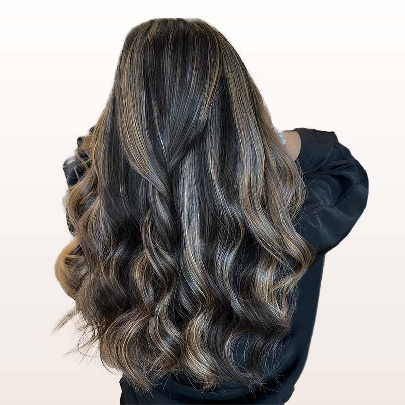 Long Ash Blonde Layered Waves — Highlights on Black Hair