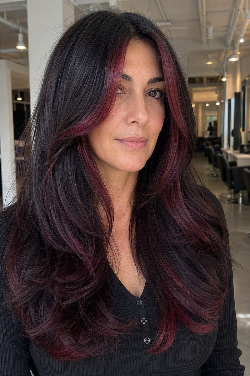 Dark Brown With Burgundy Highlights Visual Idea Dark Brown With Burgundy Highlights Visual Idea — Face Framing Highlights