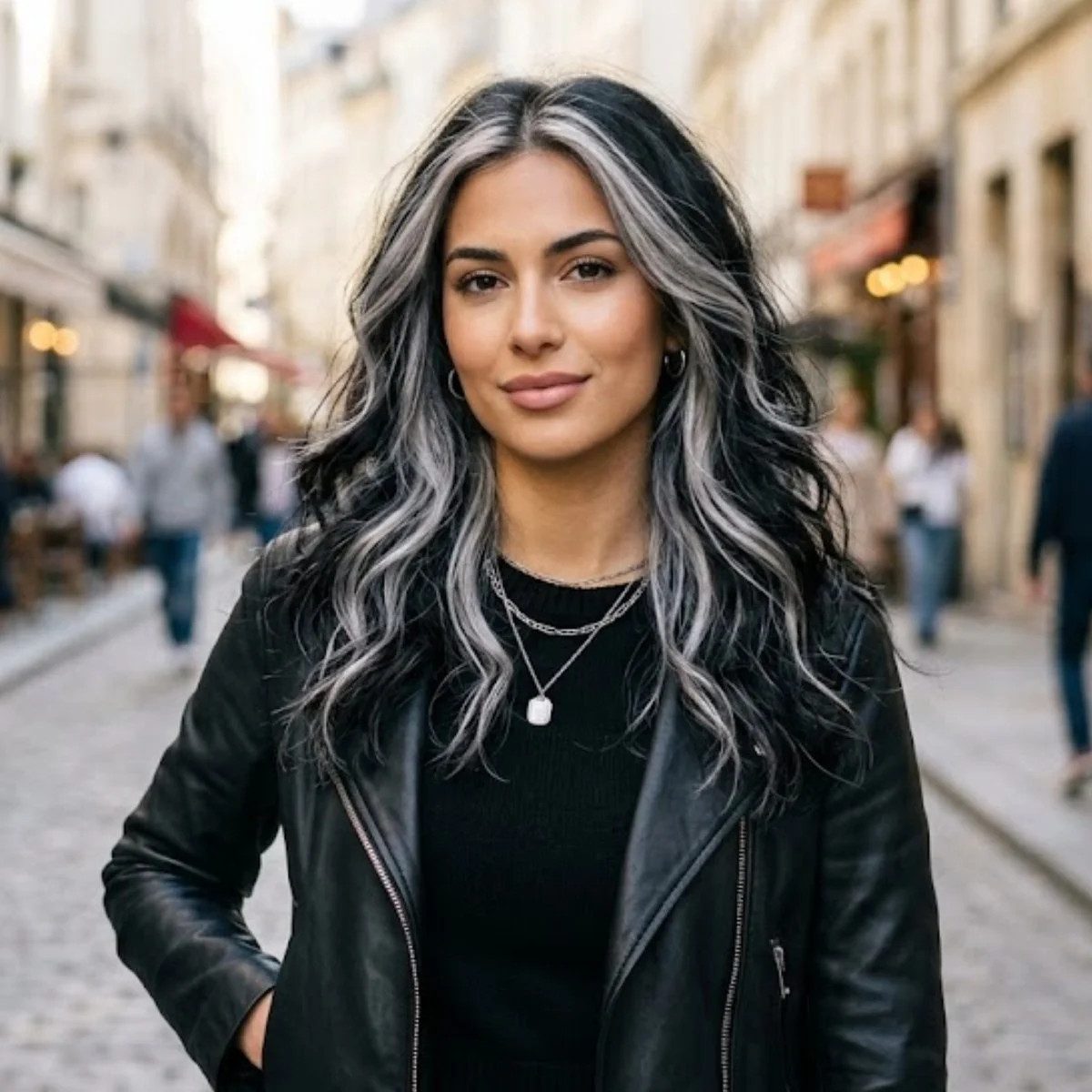 Thick Wavy Mid-Back With Silver Thick Wavy Mid-Back With Silver — Silver Highlights on Black Hair