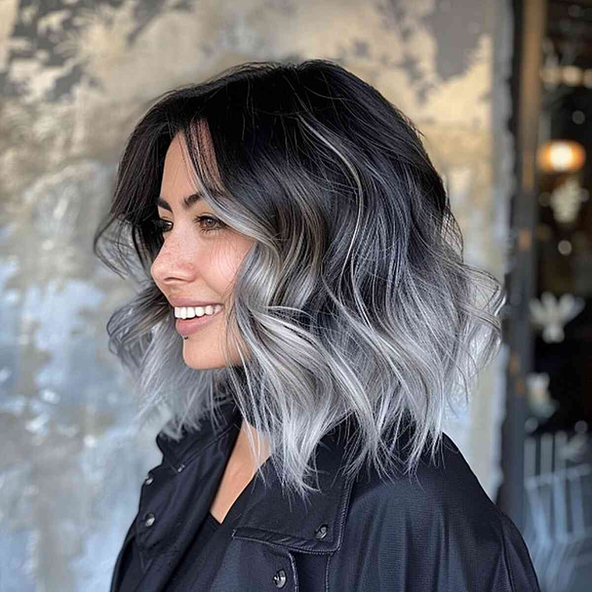 Bob With Silver Balayage And Bangs Bob With Silver Balayage And Bangs — Silver Highlights on Black Hair