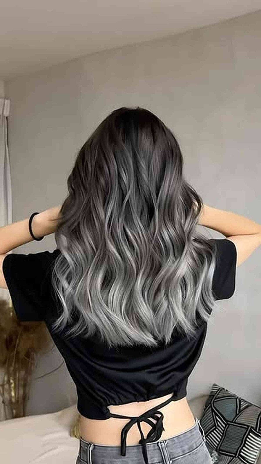 Collarbone Layers With Silver Balayage Collarbone Layers With Silver Balayage — Silver Highlights on Black Hair