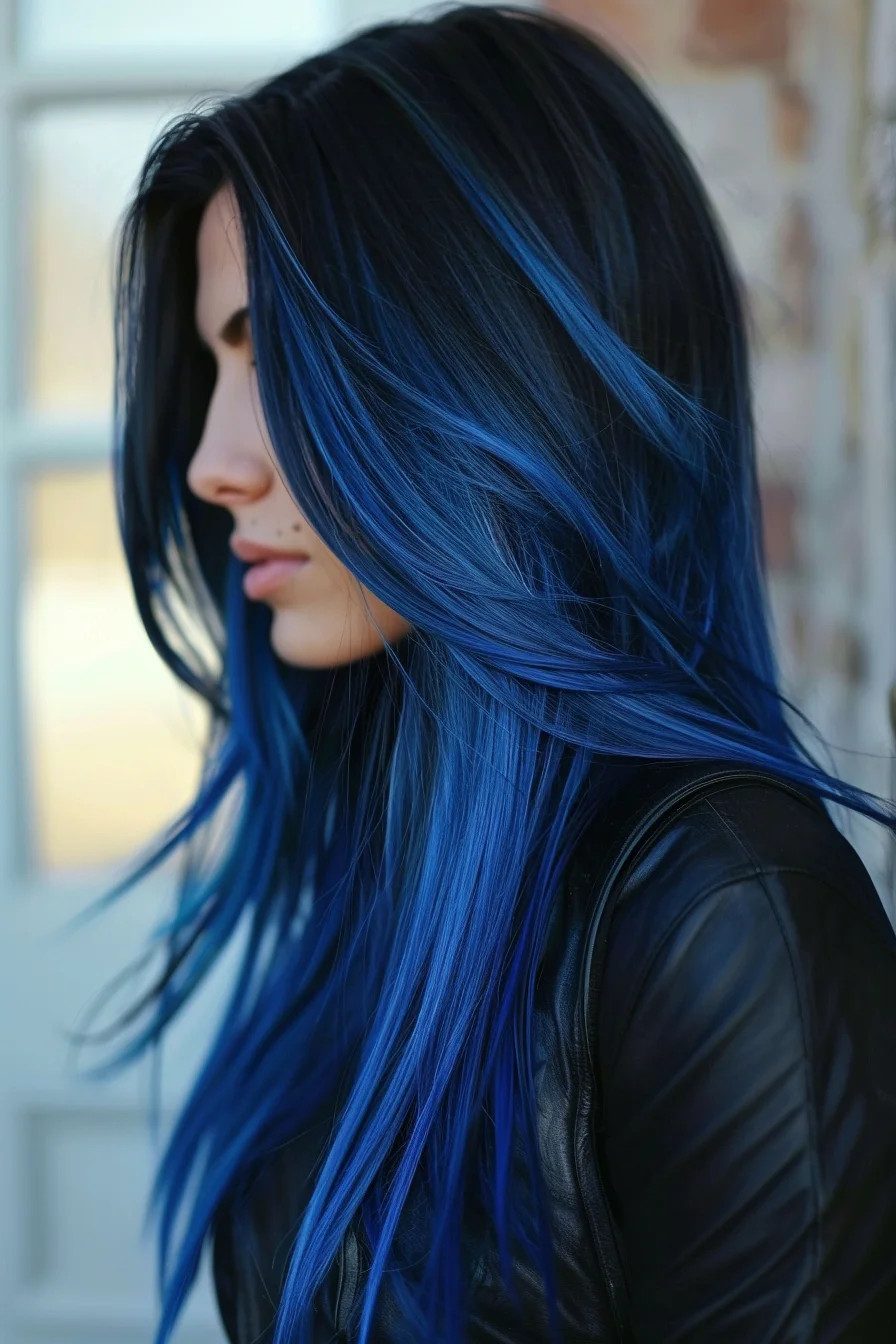 Collarbone Waves With Bold Blue Face-Framing Collarbone Waves With Bold Blue Face-Framing — Blue Highlights on Black Hair