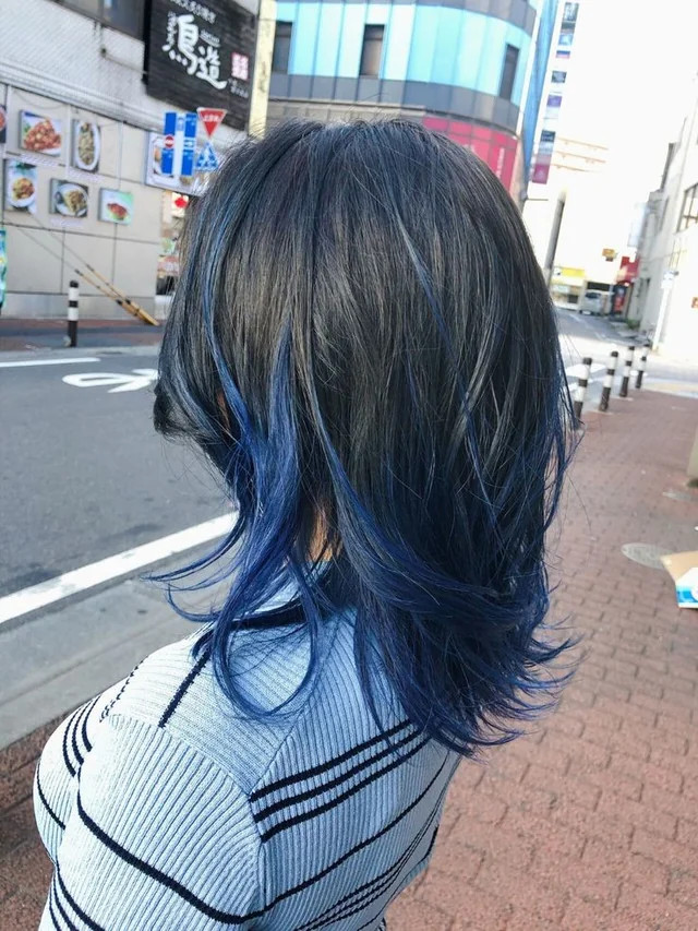 Side View Visual Idea Side View Visual Idea — Blue Highlights on Black Hair