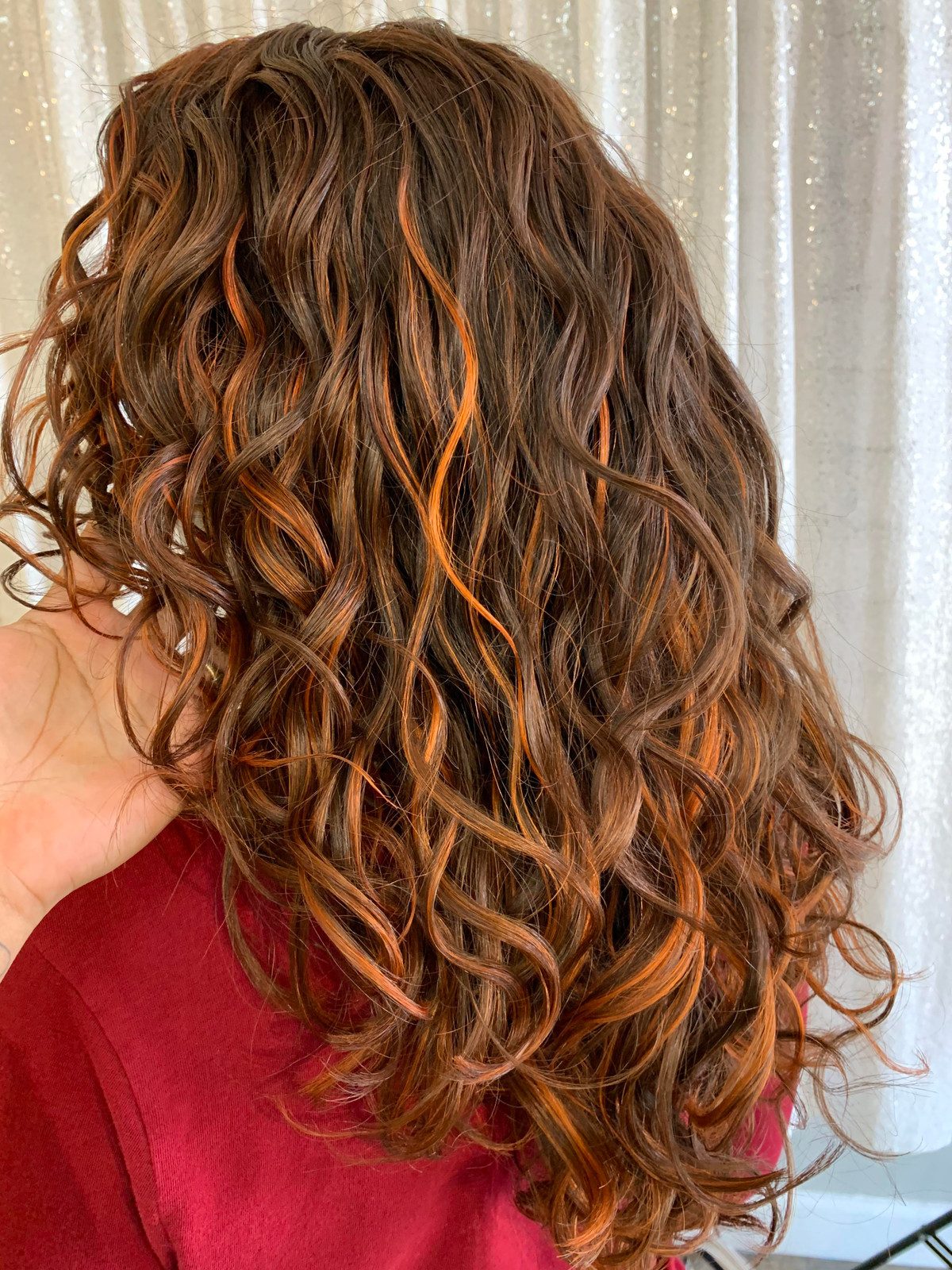 Mid-Back Copper Highlights on Dark Brown Mid-Back Copper Highlights on Dark Brown — Highlights on Curly Hair