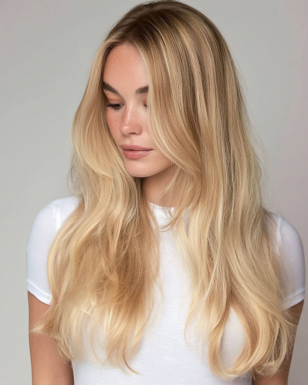 Mid-Back Dirty Blonde With Curtain Bangs Mid-Back Dirty Blonde With Curtain Bangs