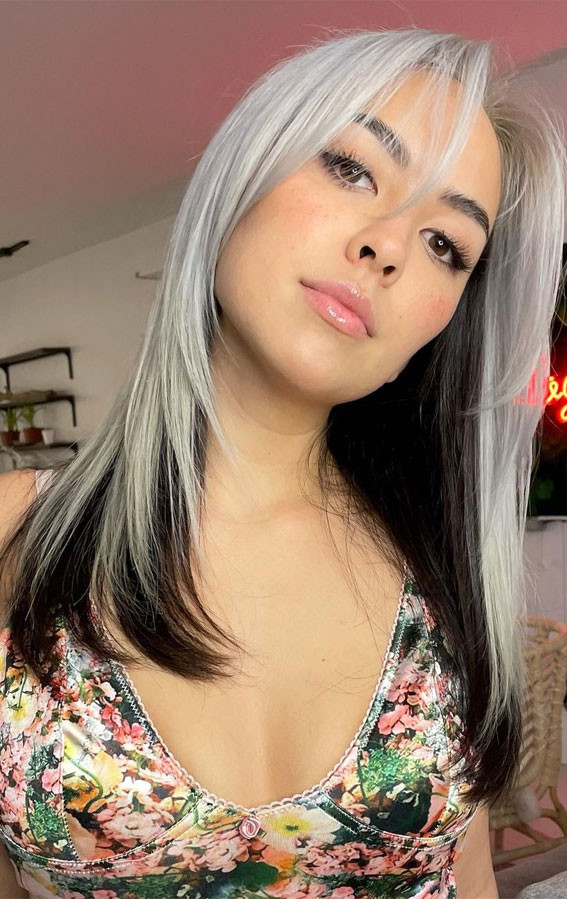 Black with Platinum Face-Framing Bangs Black with Platinum Face-Framing Bangs — Black and Blonde Hair