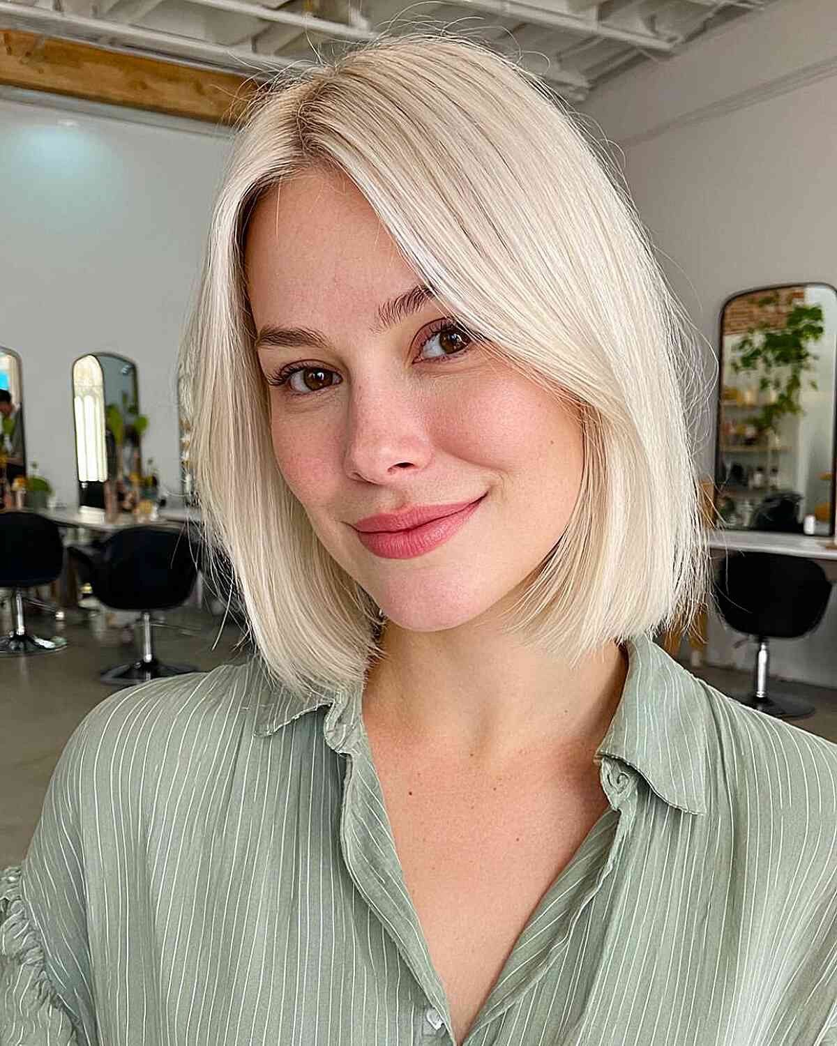 Sleek Icy Blonde Chin Bob — Short Blonde Hair