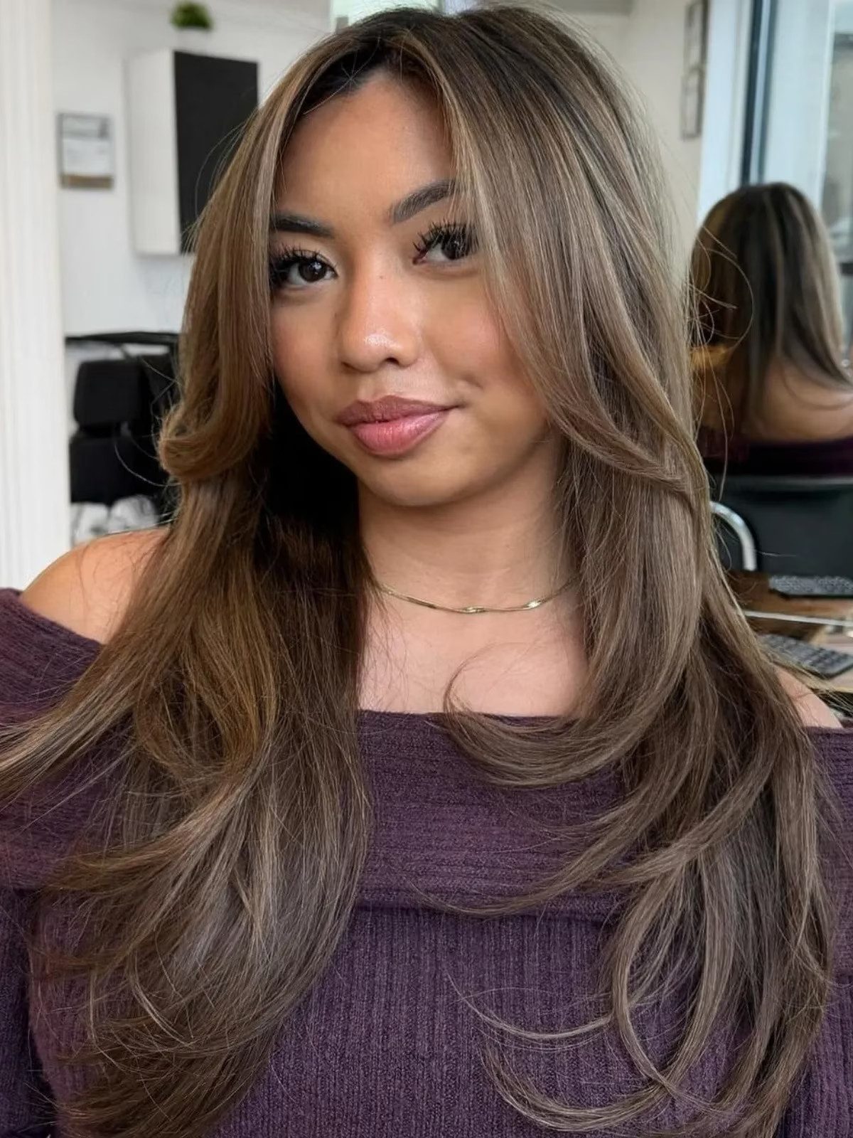 Cool Brown Layered Cut with Curtain Bangs Cool Brown Layered Cut with Curtain Bangs — Cool Brown Hair