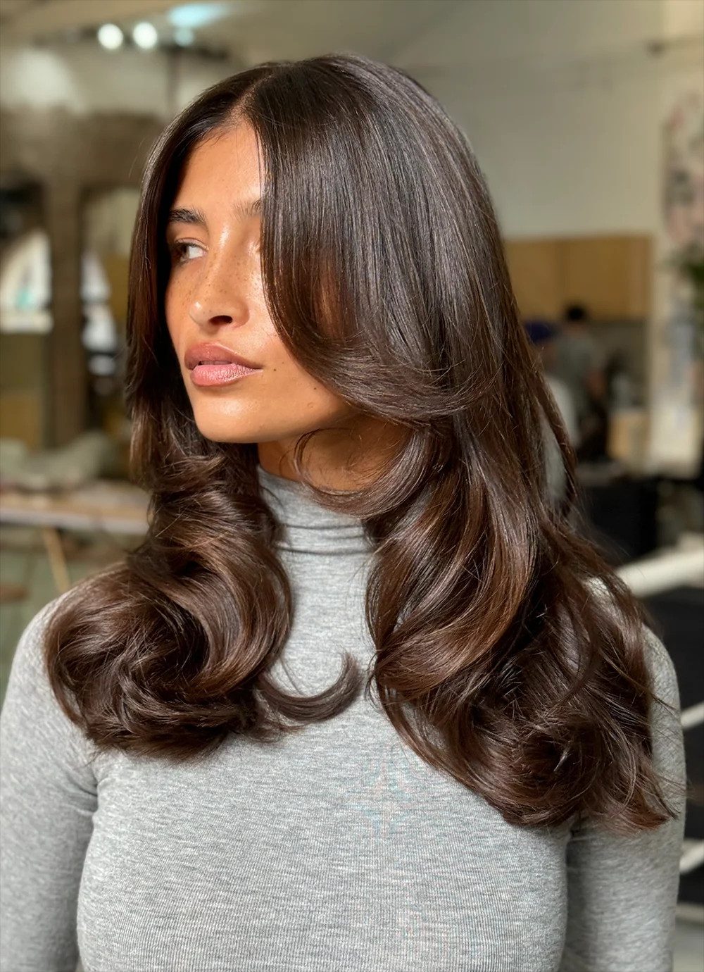 Voluminous Glossy Brunette Blowout — Dimensional Brunette