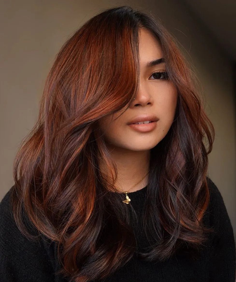 Dark Auburn With Copper and Caramel Highlights — Front View Of Wavy Dark Auburn Hair