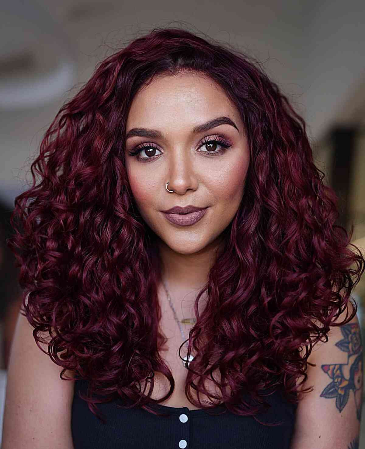 Burgundy Red Collarbone Curls — Red Curly Hair