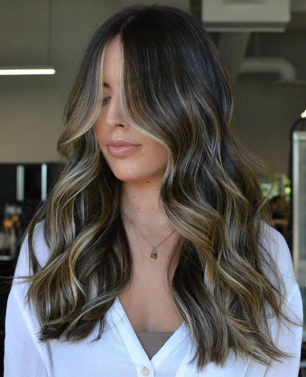 Curtain Bangs and Blonde Balayage on Dark Hair Curtain Bangs and Blonde Balayage on Dark Hair — Black Hair Balayage
