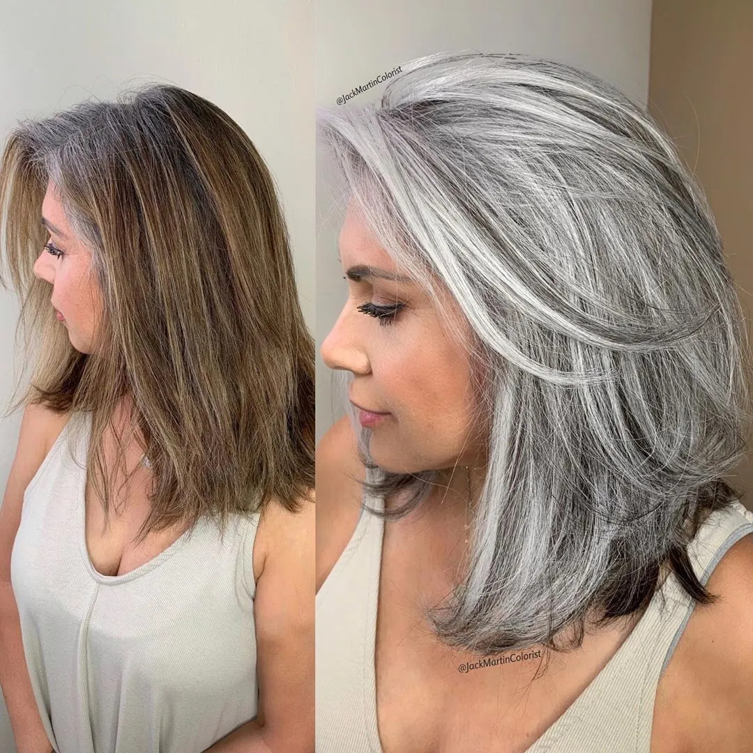 Smooth Gray Collarbone Cut — Transitioning to Gray Hair