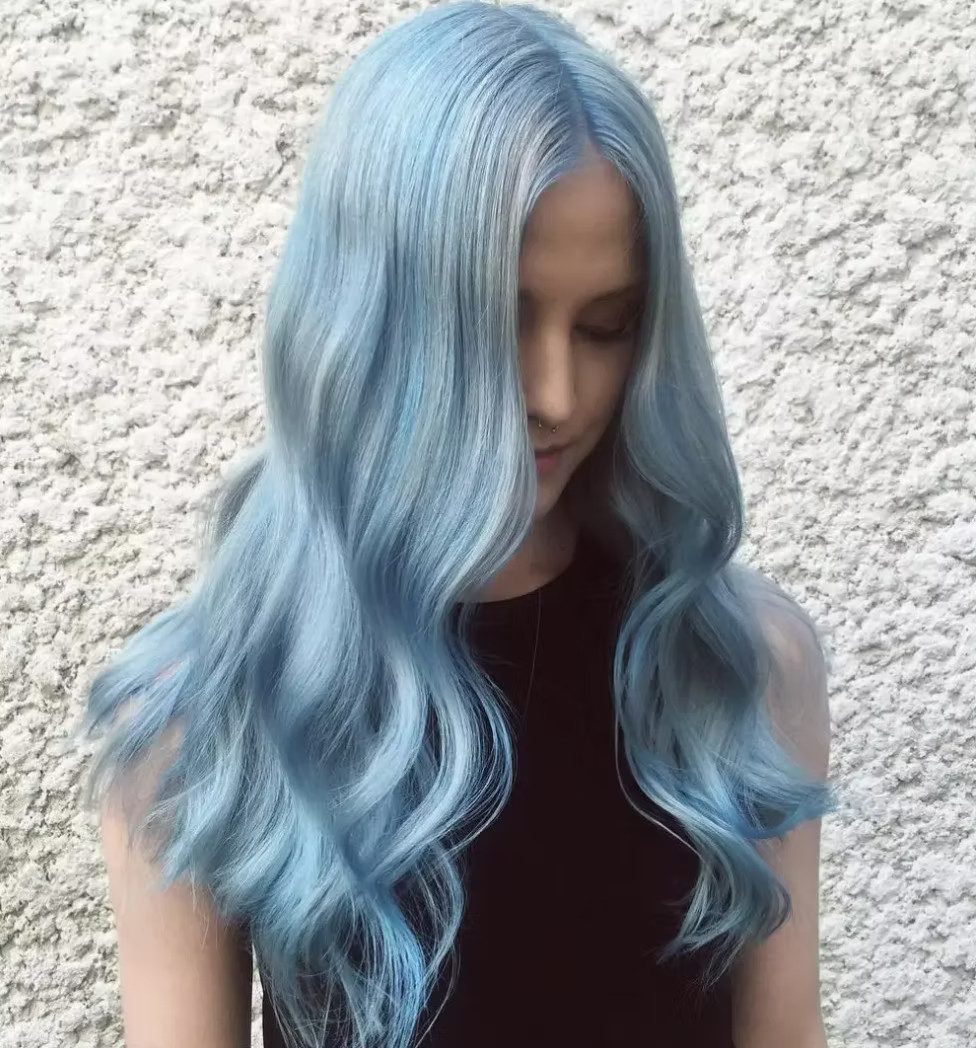 Mid-Back Fine Icy Light Blue Long Hair Mid-Back Fine Icy Light Blue Long Hair — Light Blue Hair