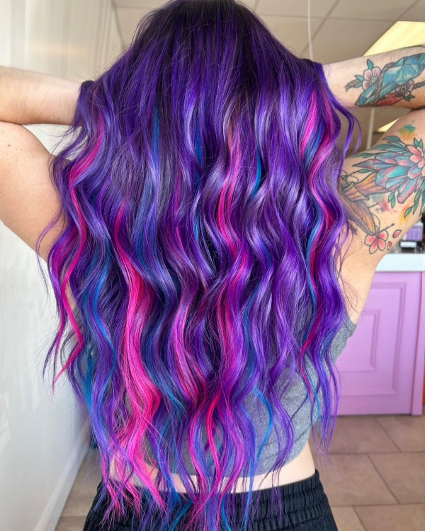 Deep Purple With Pink And Blue Streaks — Pink and Purple Hair