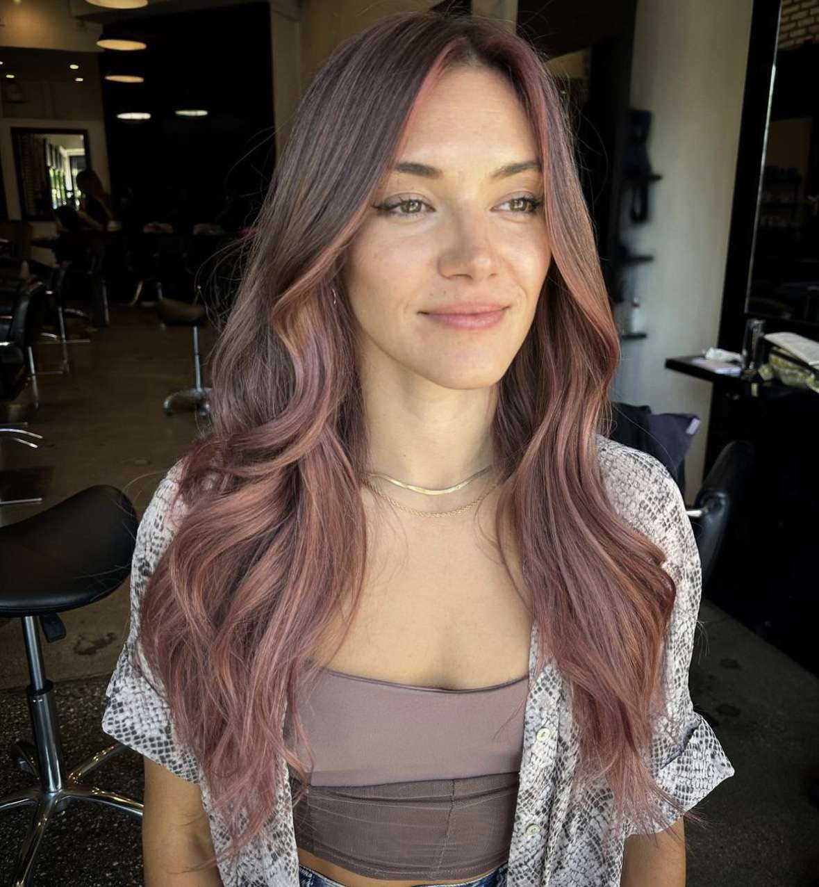Rose Gold Waves With Face-Framing Bangs Rose Gold Waves With Face-Framing Bangs — Rose Gold Hair