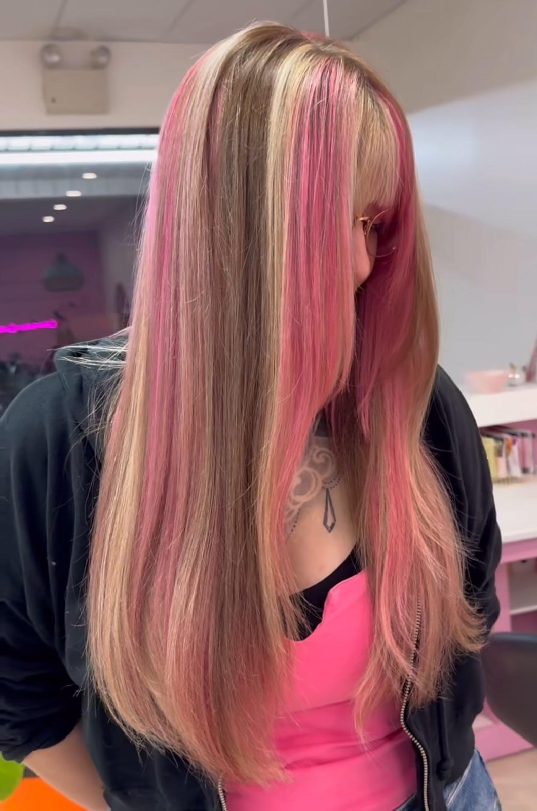 Blonde Lob With Blunt Bangs & Pink — Neapolitan Hair