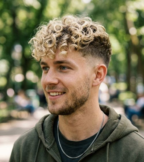 Taper Fade With Blonde Curly Fringe — Taper Fade Curly Hair